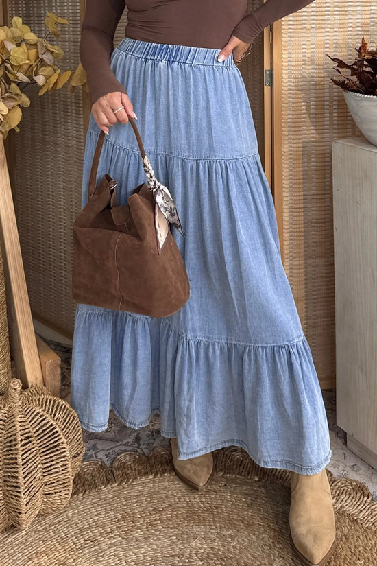 Elastic waist ruffled tiered maxi skirt lyocell side pockets beau blue skirts