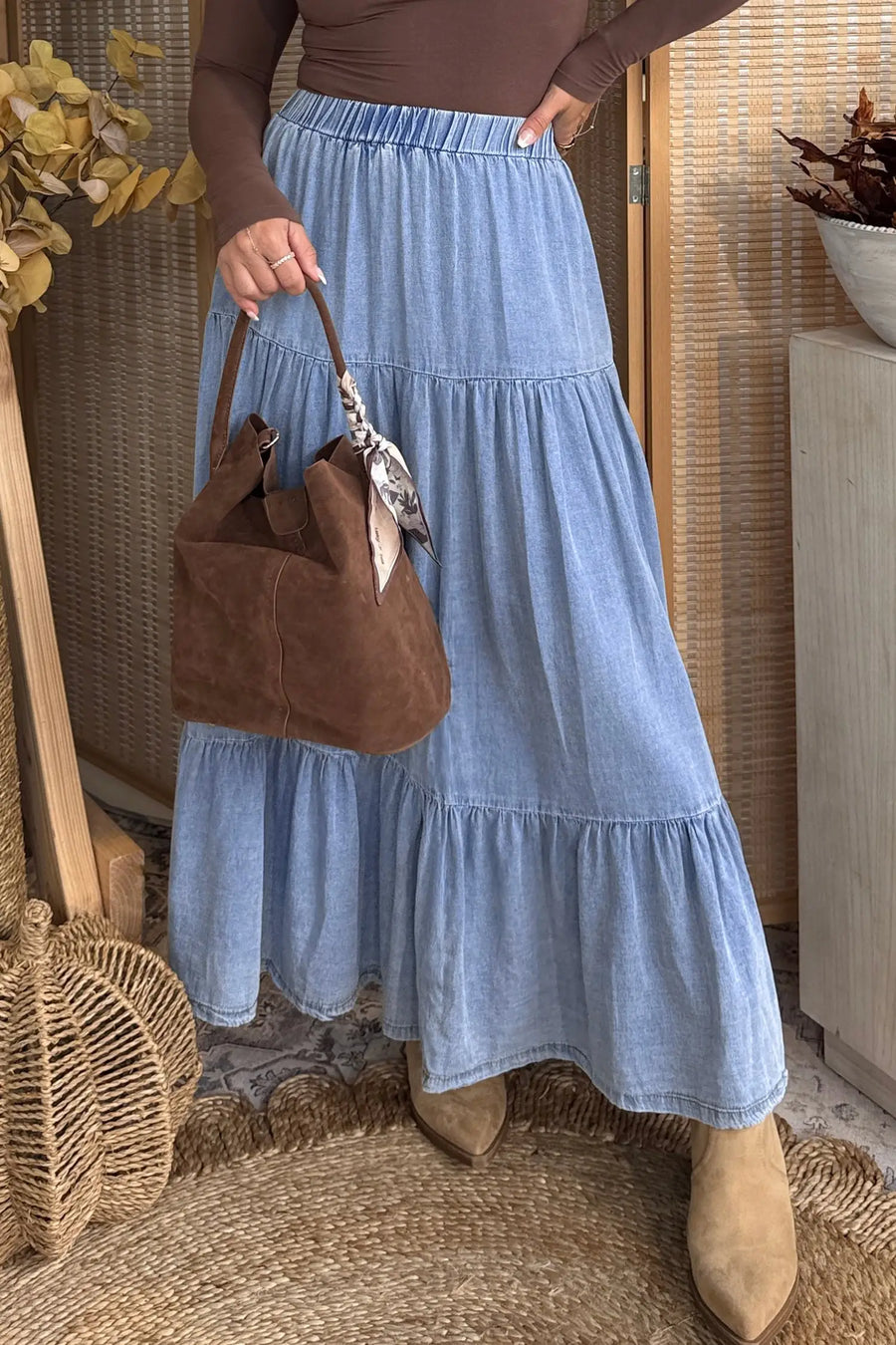 Elastic waist ruffled tiered maxi skirt lyocell side pockets beau blue skirts