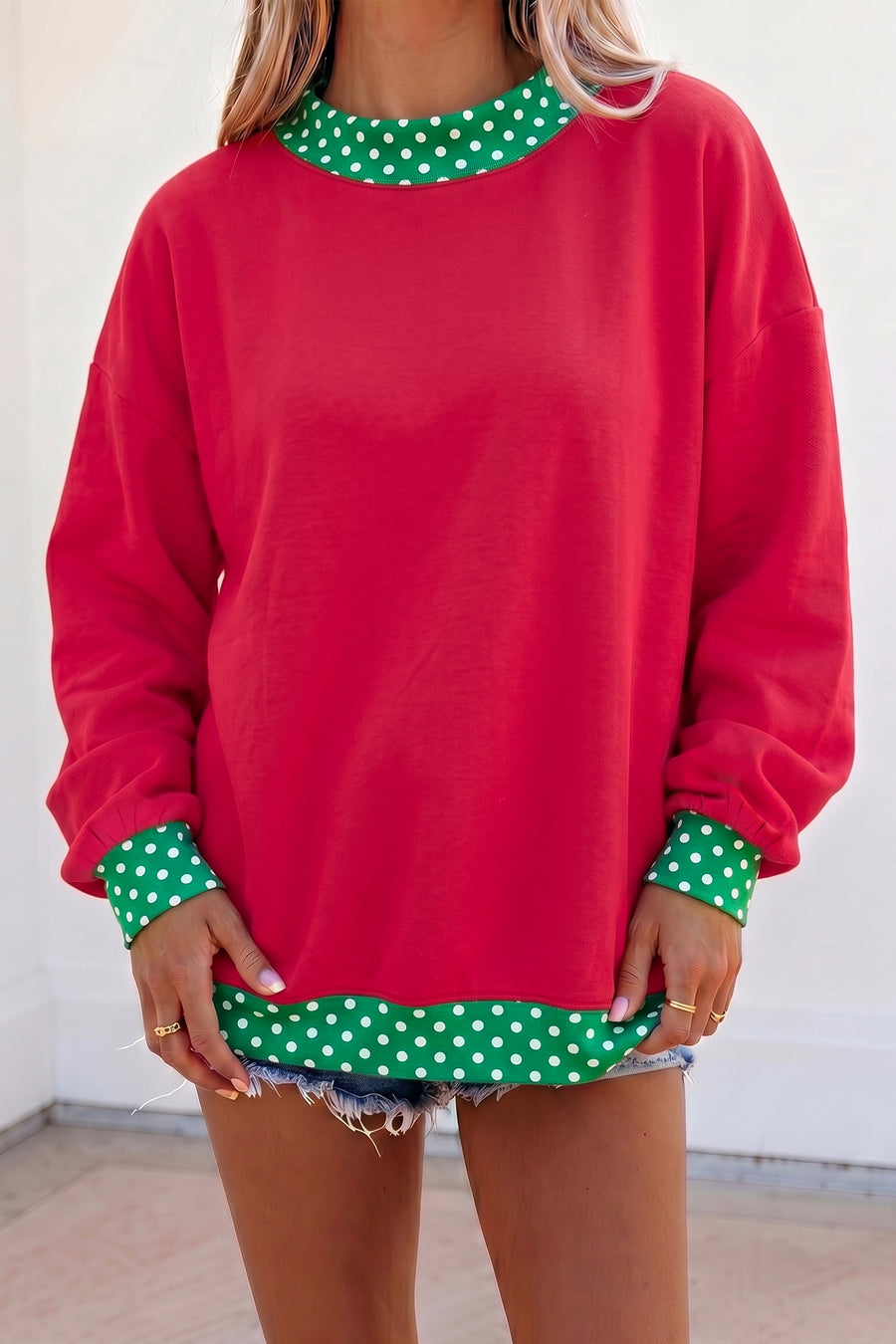 Pink Colorblock Polka Dot Contrast Trim Oversized Sweatshirt Women UK