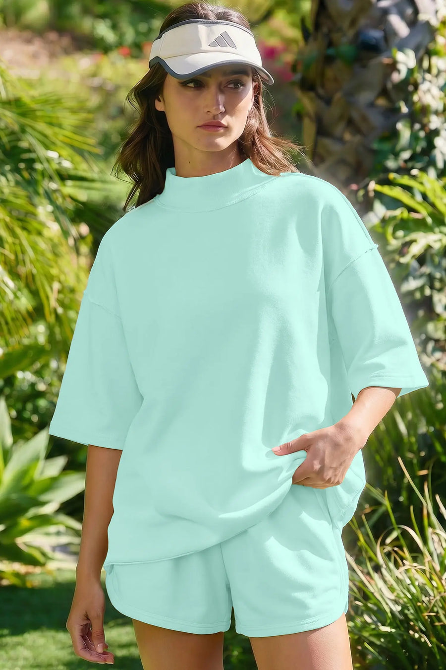 Exposed seam mock neck oversized tee shorts two piece set pockets outfit sets