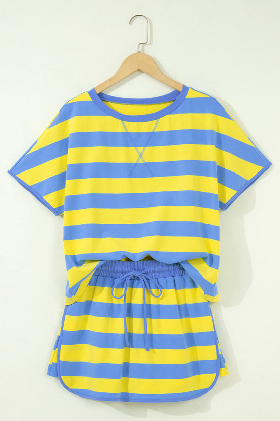 Yellow Stripe Dolman Tee & Drawstring Skort Athletic Set Women UK