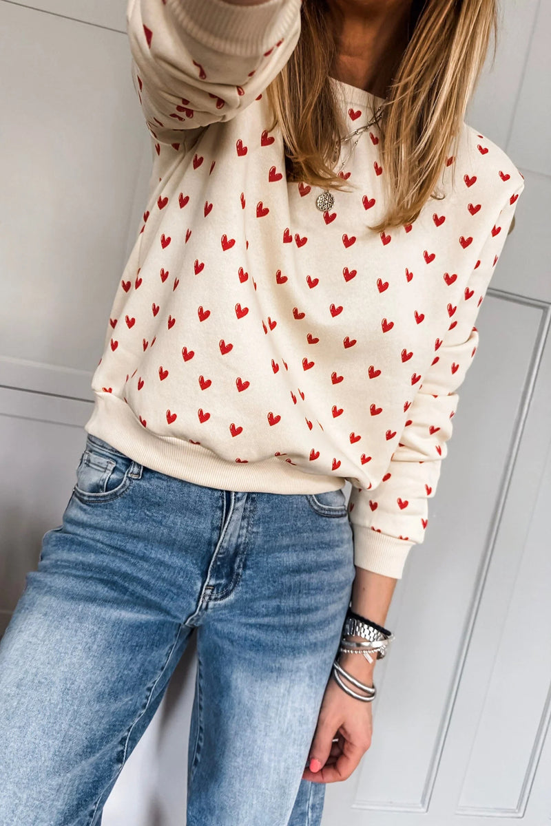 Heart Print Round Neck Long Sleeve Sweatshirt