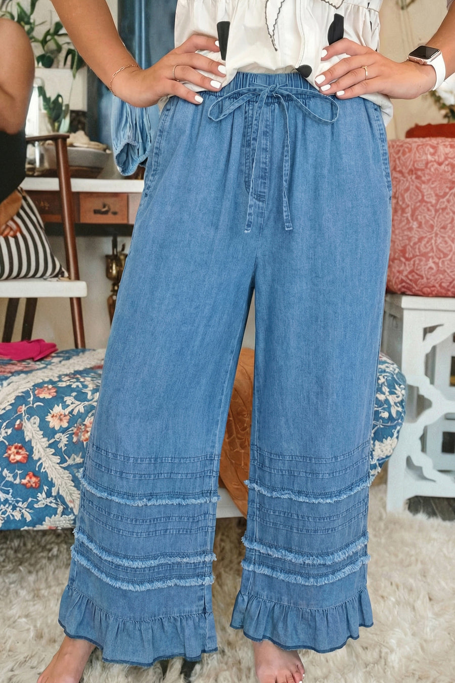 Ruffled Hem Wide Leg Chambray Pants Women UK