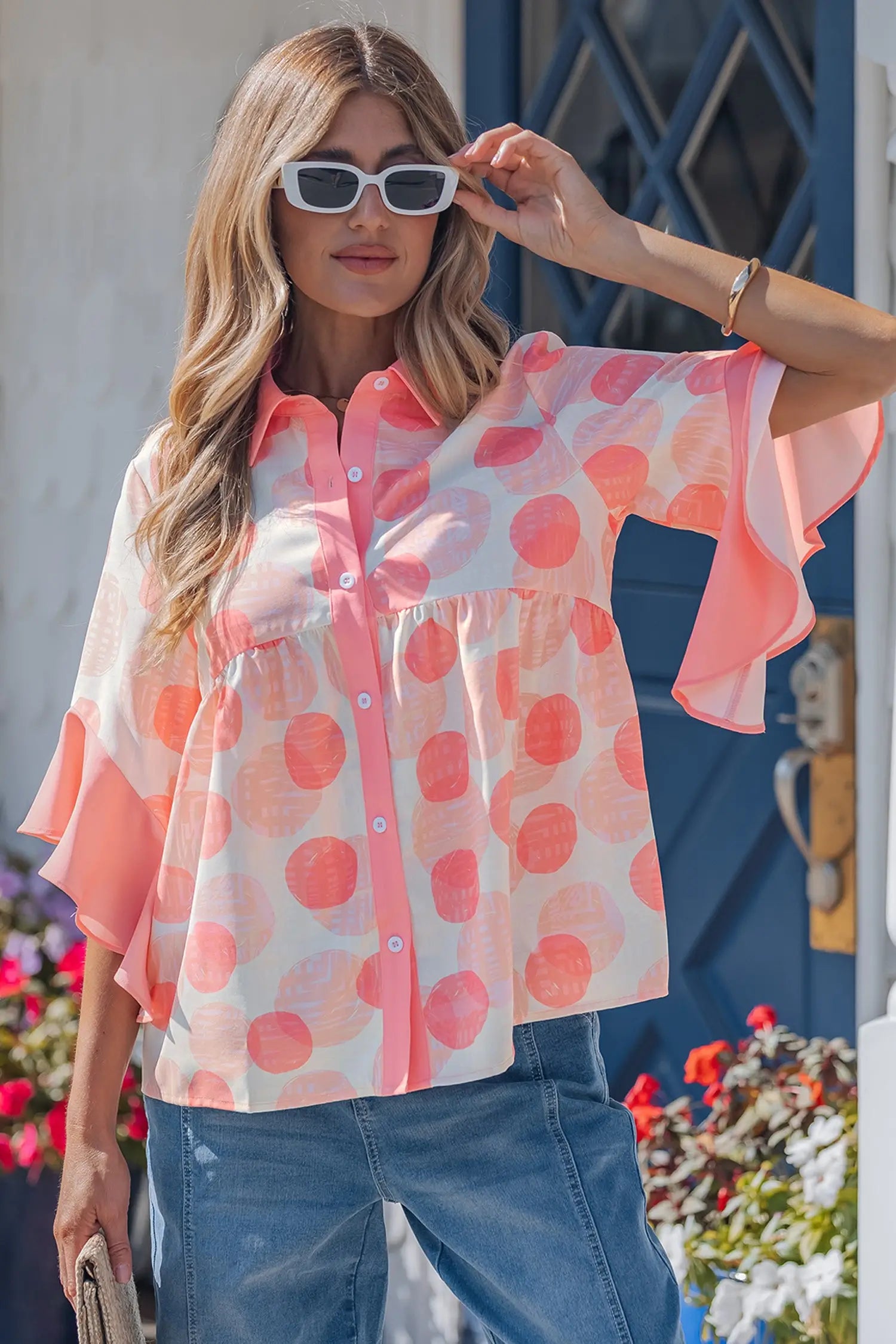 Polka dot ruffle sleeve babydoll shirt button front collar pink shirts
