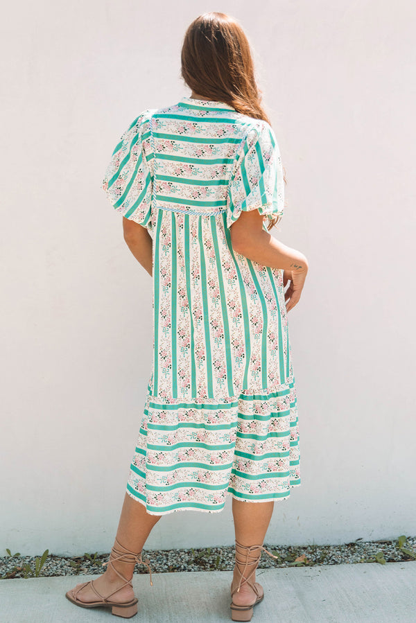 Multicolour Floral Stripe Tie Neck Puff Sleeve Midi Dress Women UK