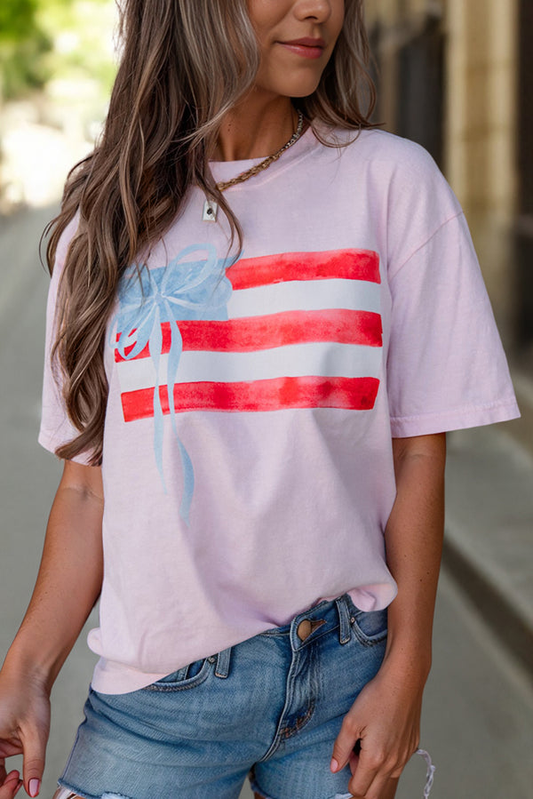 Light Pink Flag Bow Graphic Crewneck Tee Women UK