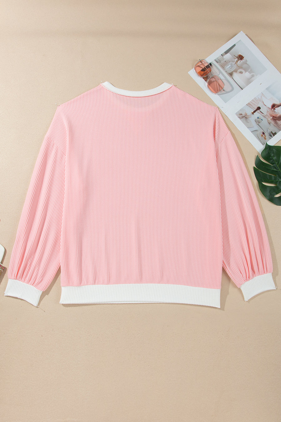 Plus Size Ribbed Knit Colorblock Long Sleeve Blouse Women UK