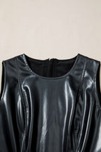 Close-up of neckline on Ladies Black Faux Leather Mini Dress | FashionFitz showcasing round neck and smooth PU leather finish.