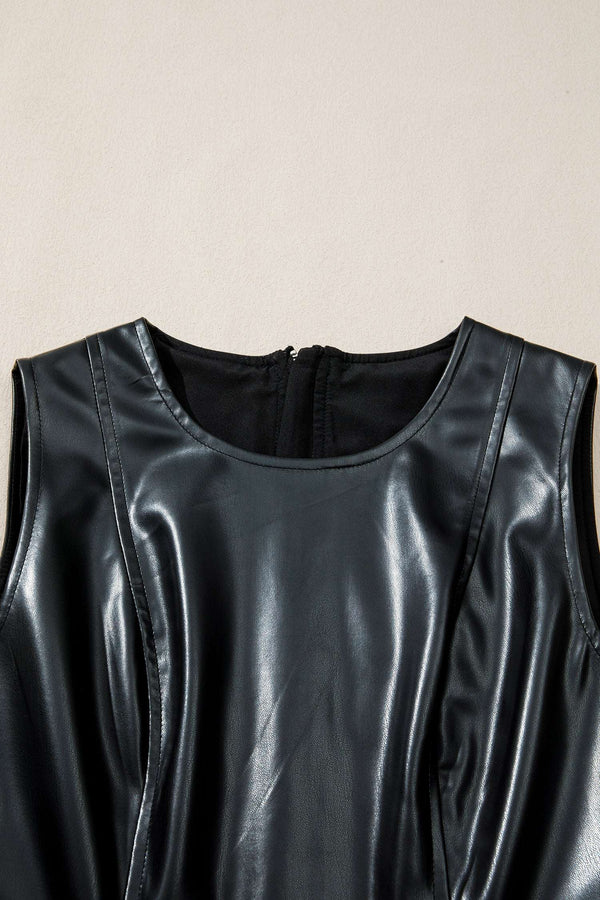 Close-up of neckline on Ladies Black Faux Leather Mini Dress | FashionFitz showcasing round neck and smooth PU leather finish.