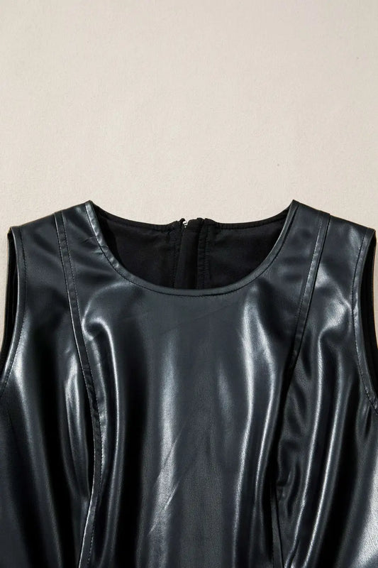 Close-up of neckline on Ladies Black Faux Leather Mini Dress | FashionFitz showcasing round neck and smooth PU leather finish.