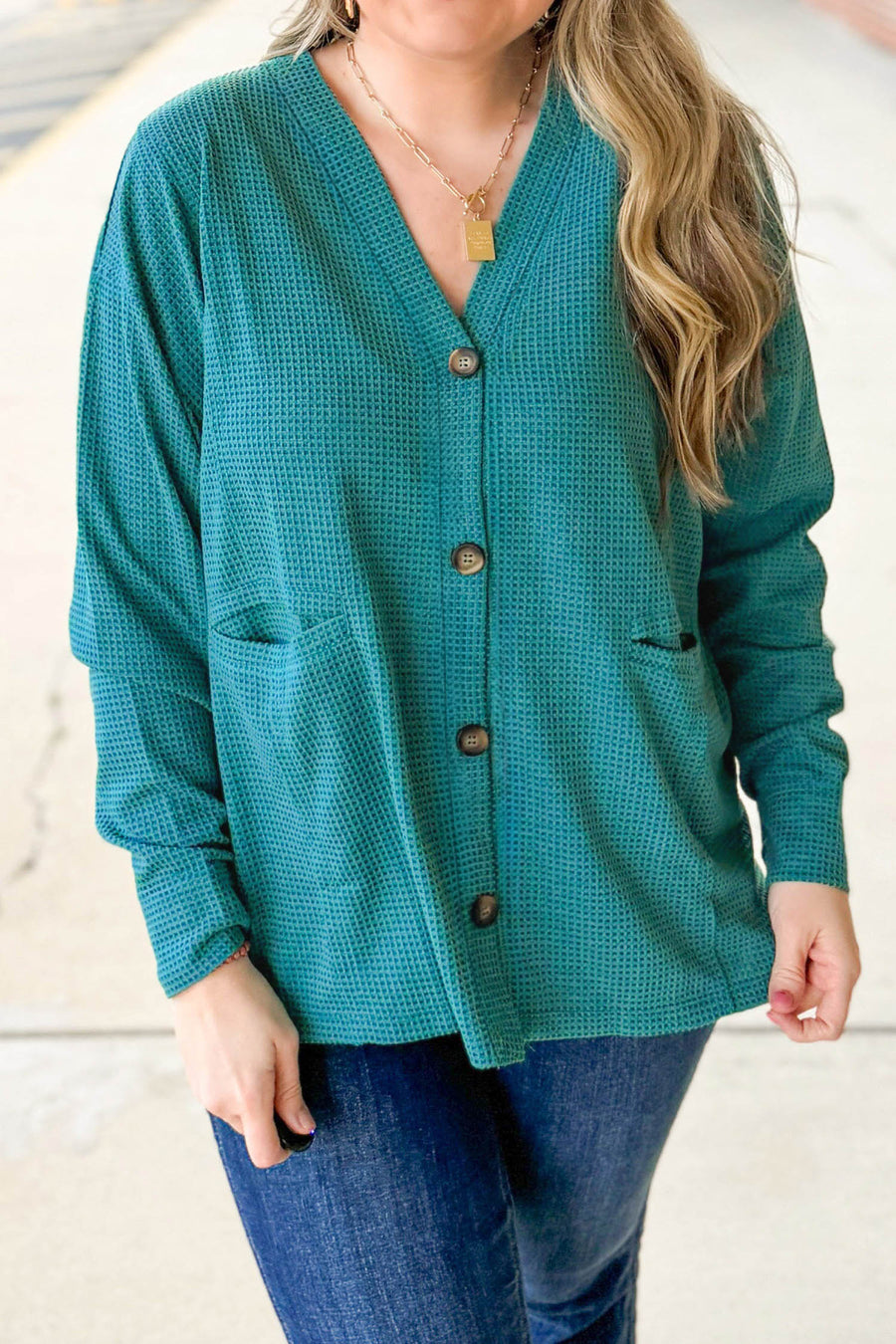 Plus Size Waffle Tunic V Neck Button Cardigan Women UK