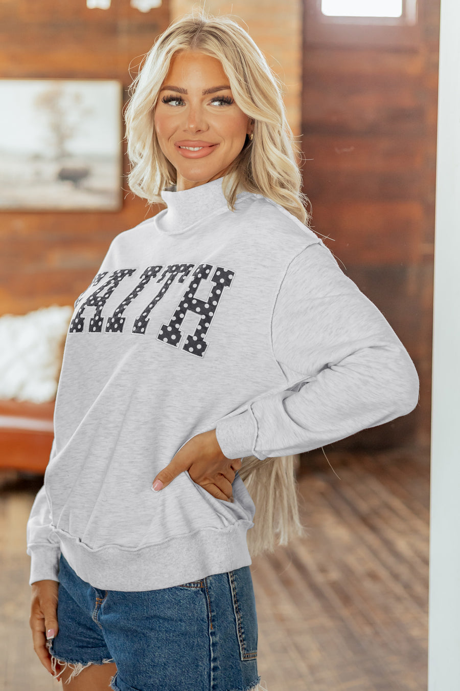 Light Grey Polka Dot Slogan High Neck Baggy Sweatshirt