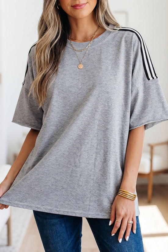 Patchwork Stripe Raw Edge Hem Oversized Short Sleeve Round Neck Tee