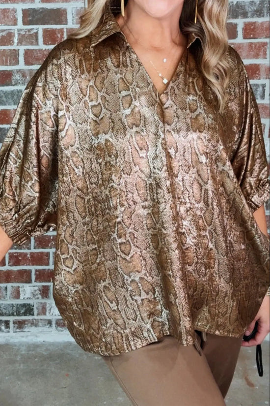 Metallic leopard polo collar blouse — side view, shift silhouette | Fashionfitz