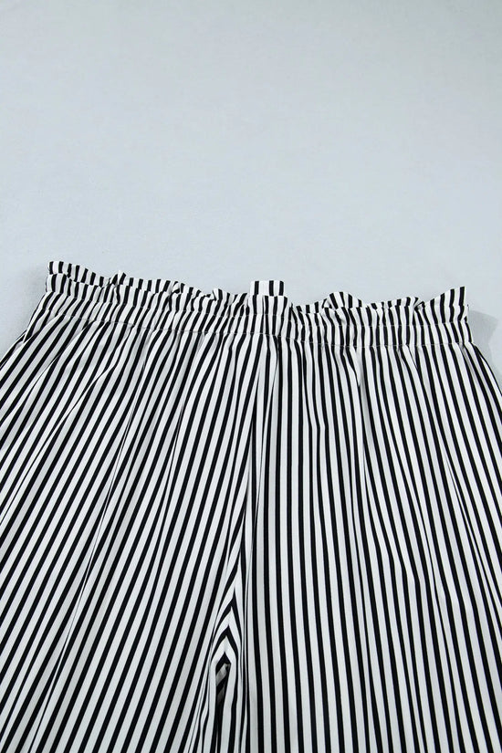 Black stripe plus size wide leg trousers elastic waist bow pockets