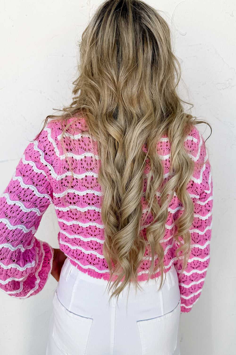 Pink Stripe Crochet Cropped Cardigan
