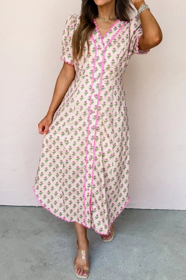 Pink Floral Scallop Trim V Neck Button Front Maxi Dress Women UK — back view