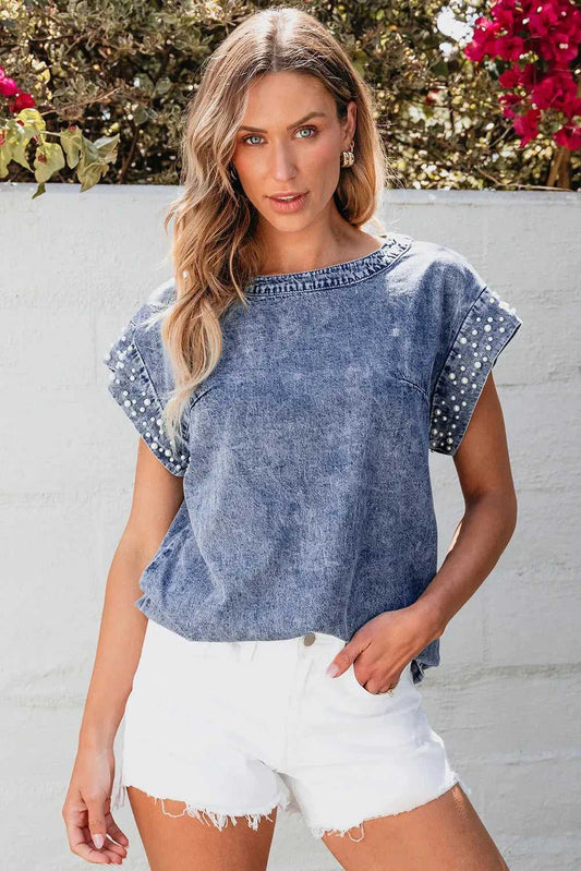 Denim Top - Dusk Blue Acid Wash Pearl Embellishments - Fashionfitz