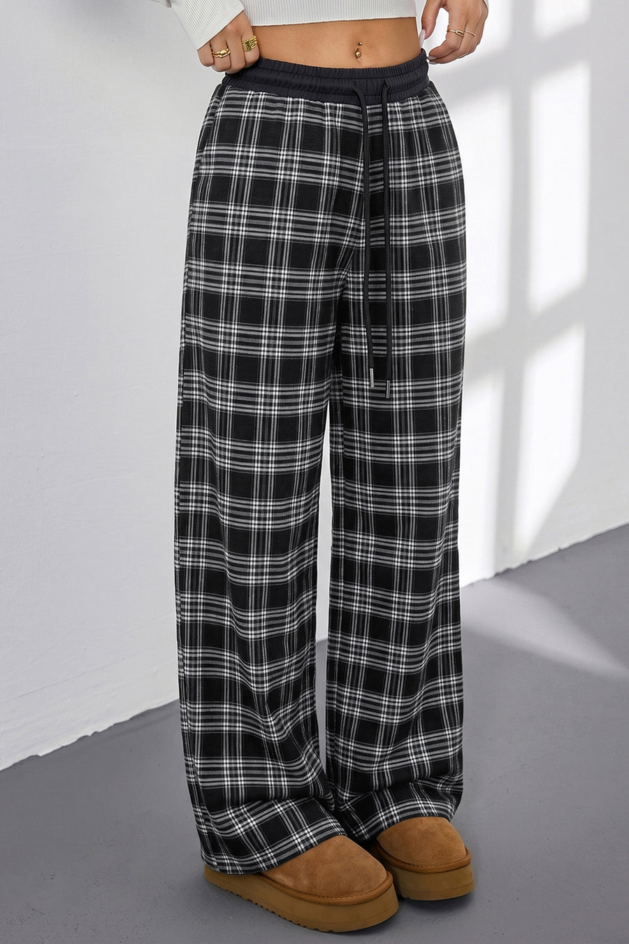 Plaid Contrast Drawstring Waist Wide Leg Trousers