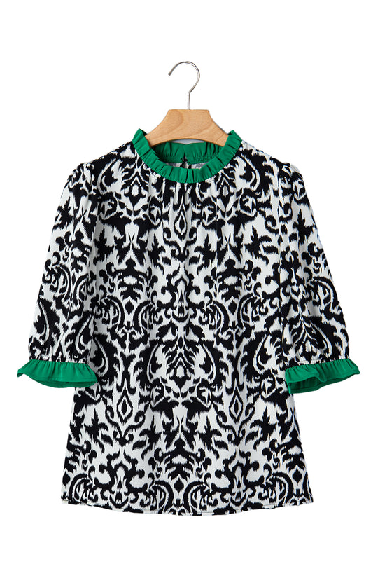 Damask Print Ruffled Colourblock Puff Sleeve Blouse Round Neck Shift