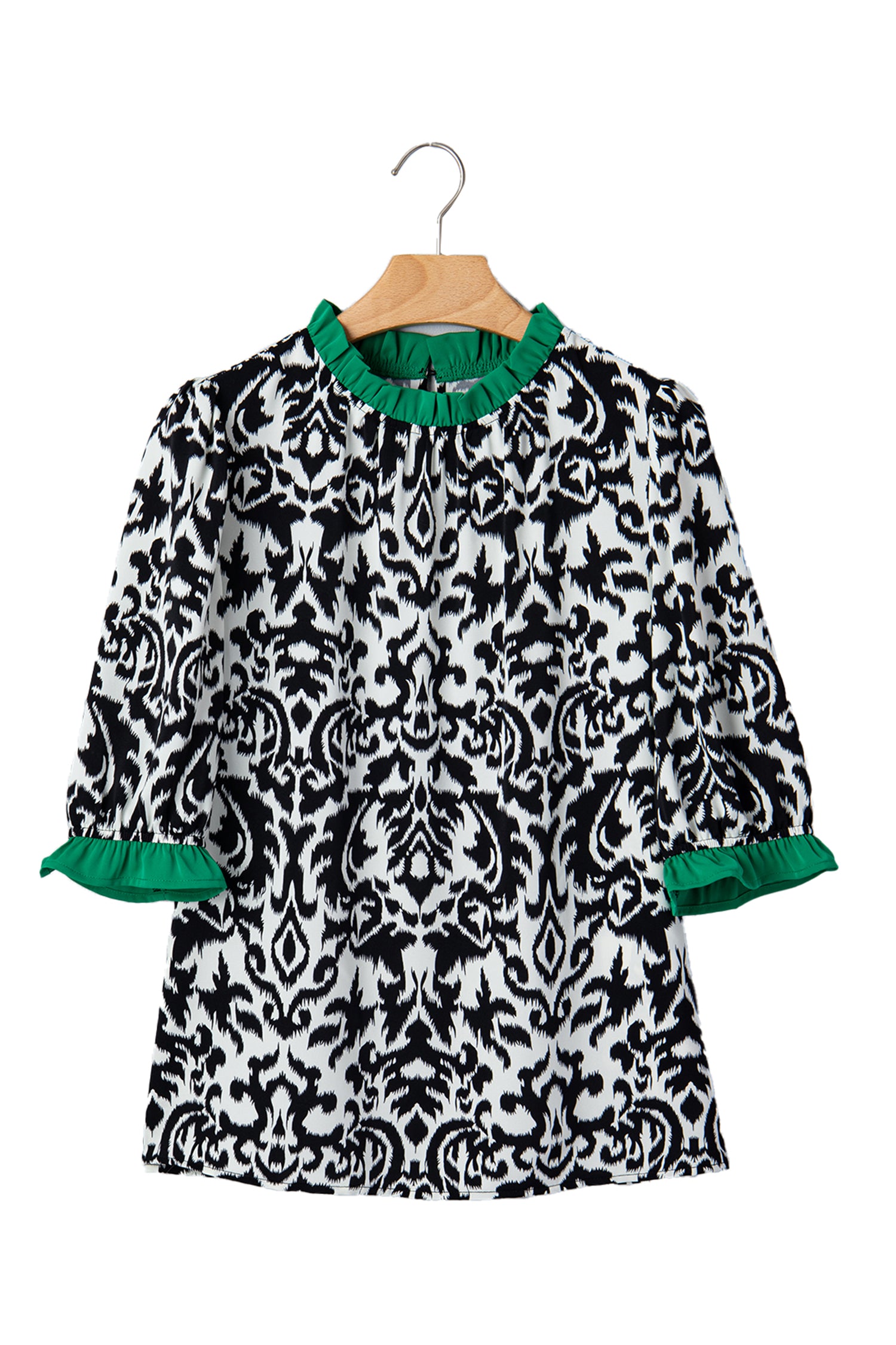 Damask Print Ruffled Colourblock Puff Sleeve Blouse Round Neck Shift