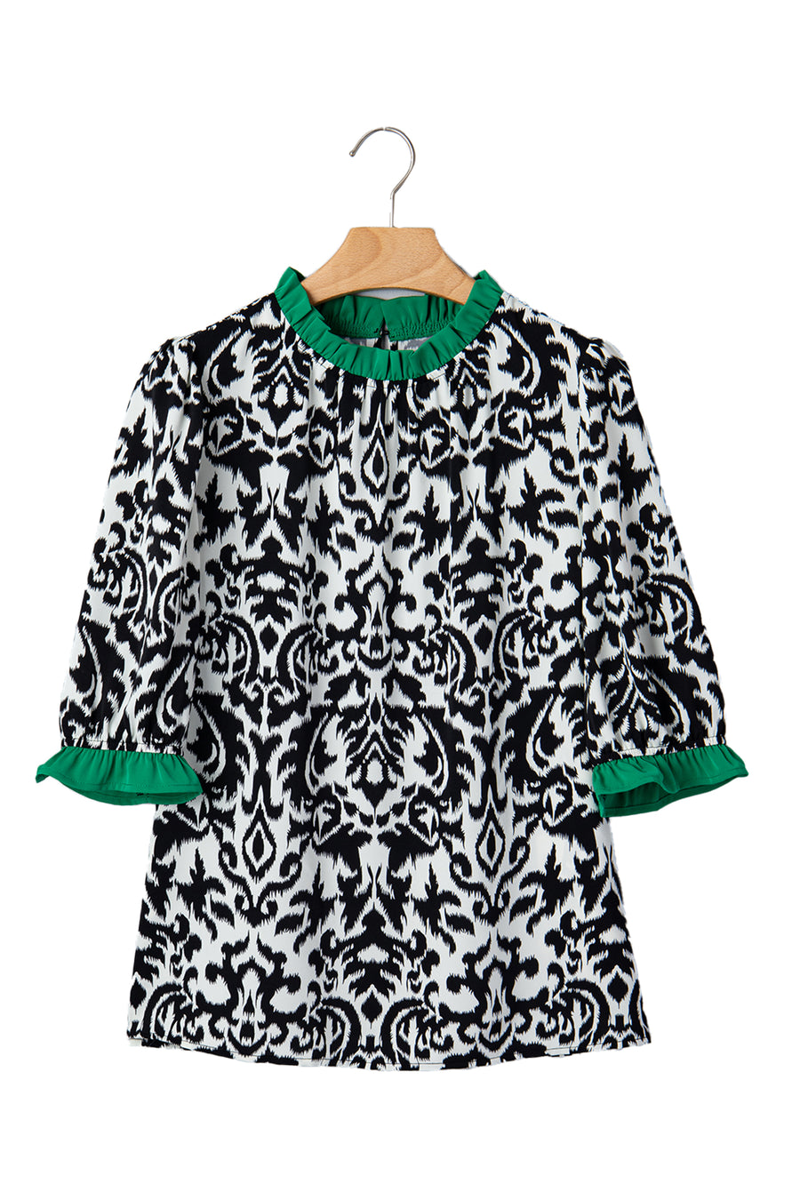 Damask Print Colourblock Puff Sleeve Blouse Women UK
