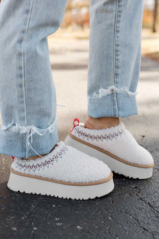 Embroidered sherpa plush winter slippers