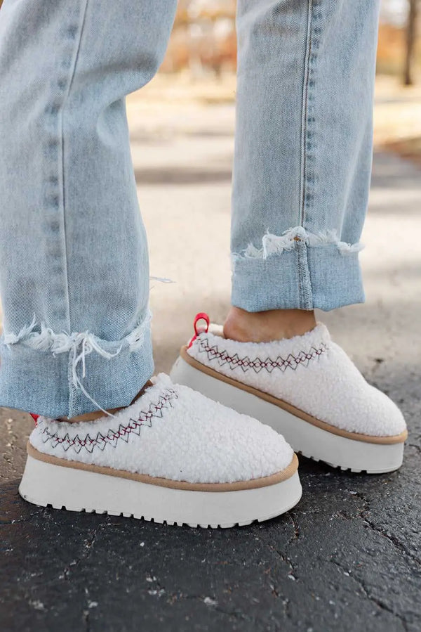 Embroidered sherpa plush winter slippers