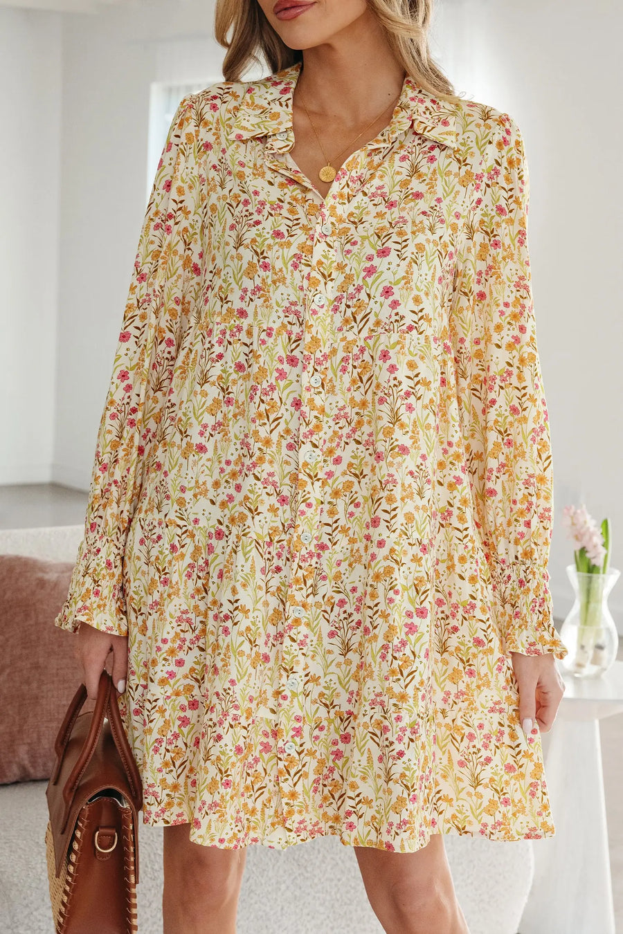 Yellow Floral Frilly Trim Smocked Cuff Long Sleeve Dress Women UK — close-up detail