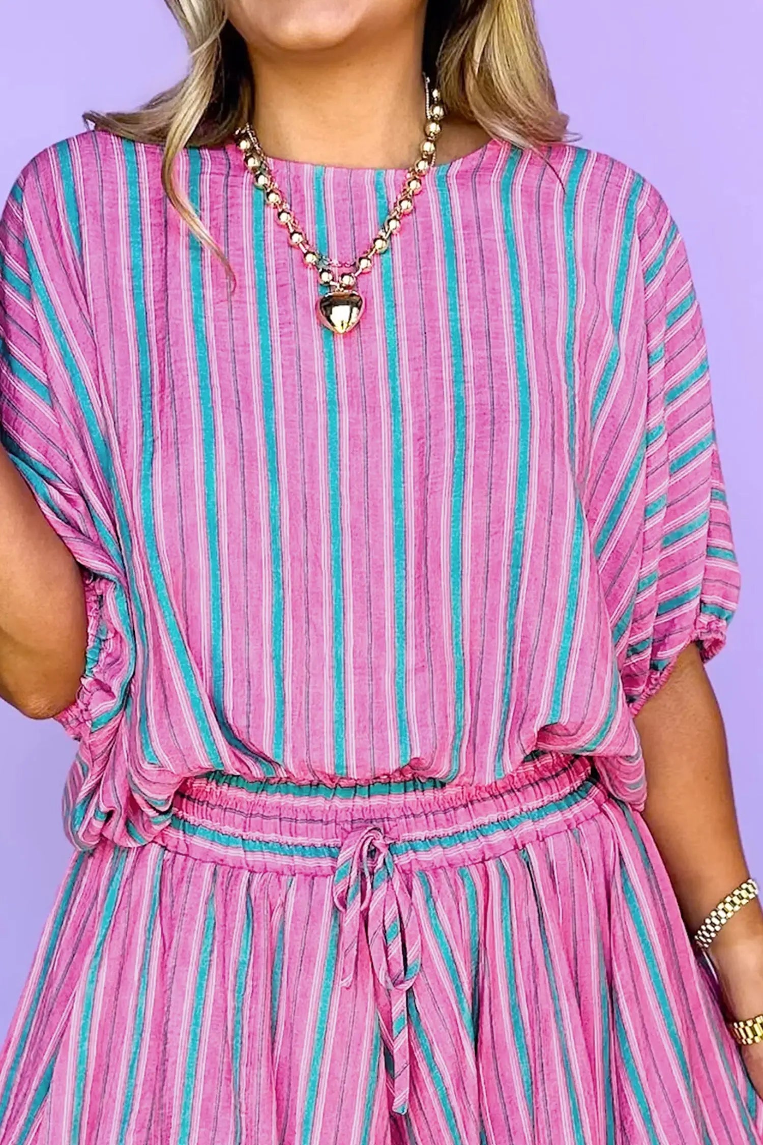 Full length view of pink stripe dolman blouse and shorts set styled casually, Fashionfitz