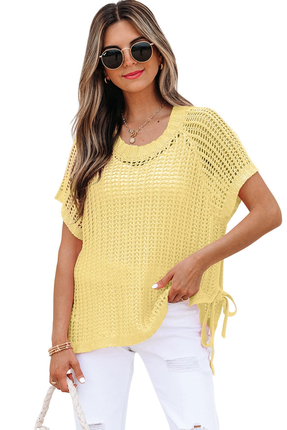 Short Sleeve Sweaters Soft Hue Crochet Top