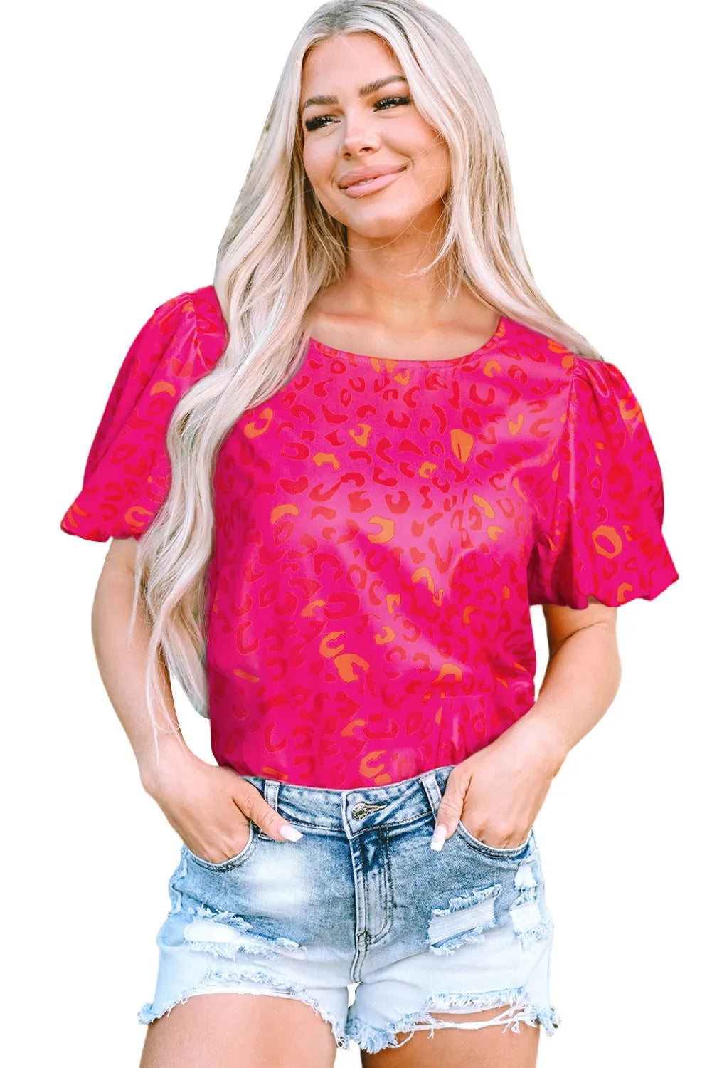Rose Leopard Printed Puff Sleeve Top - Fashionfitz