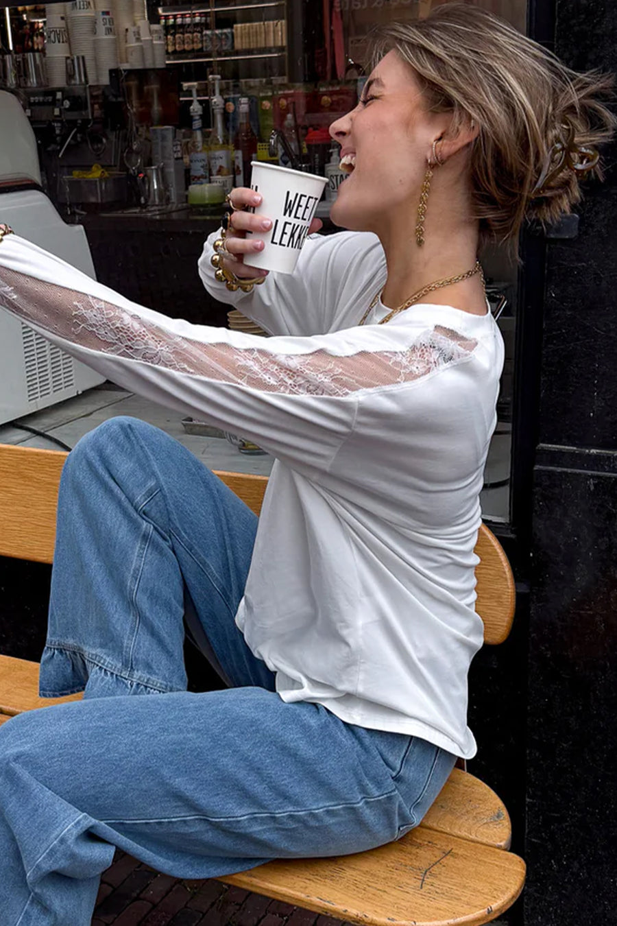 Lace Splicing Long Sleeve Shift Top UK — close-up showing delicate lace panel detail and fabric contrast — Fashionfitz