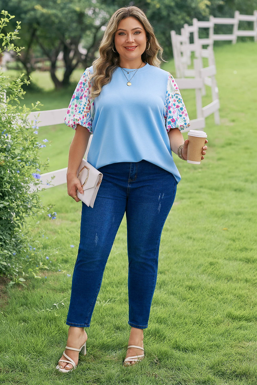 Textured Bodice Contrast Floral Sleeve Plus Size Top Women UK