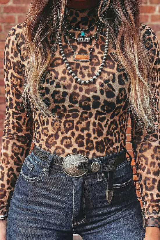 Oatmeal western print slim mesh mock neck top