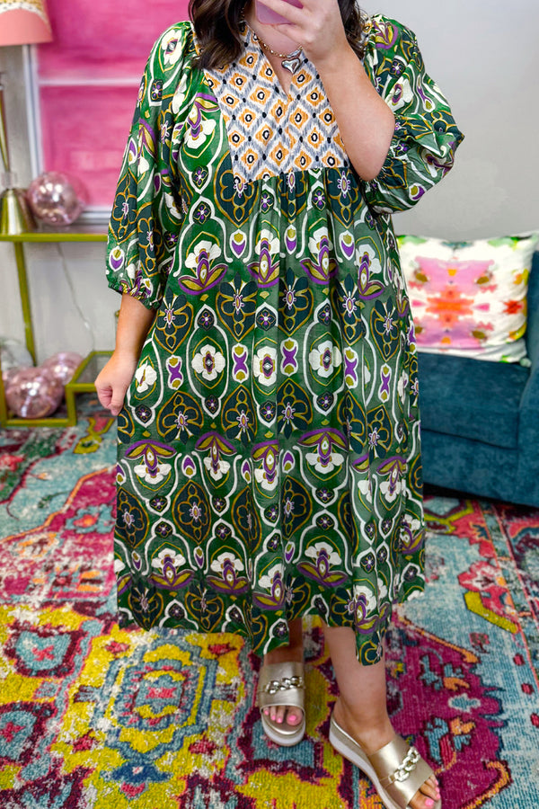 Green plus size mixed floral V neck maxi dress women UK front view