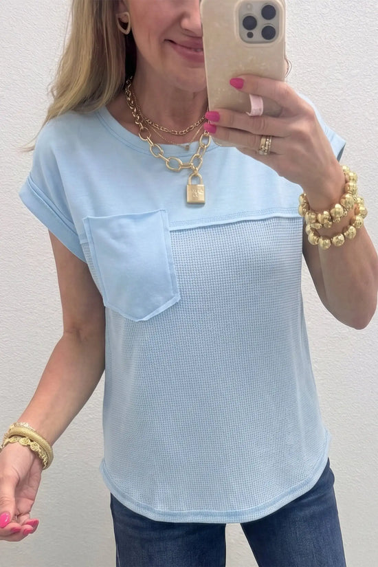 Waffle patchwork sleeveless top raw seam chest pocket round neck casual tank tops