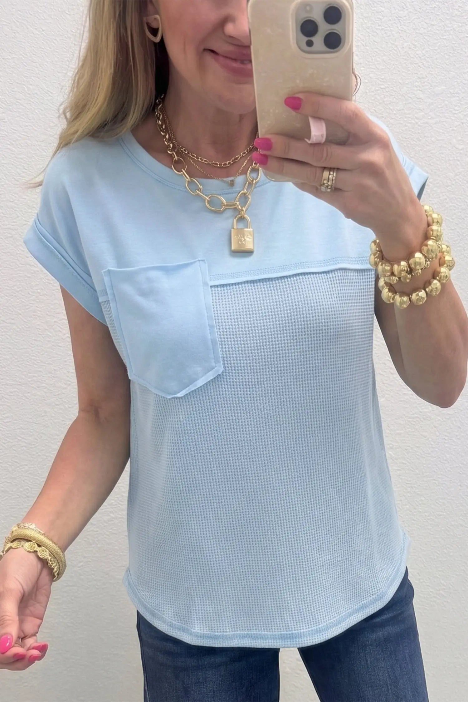 Waffle patchwork sleeveless top raw seam chest pocket round neck casual tank tops