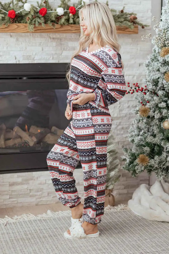 Black christmas retro print lounge set v-neck top high waist pants loungewear