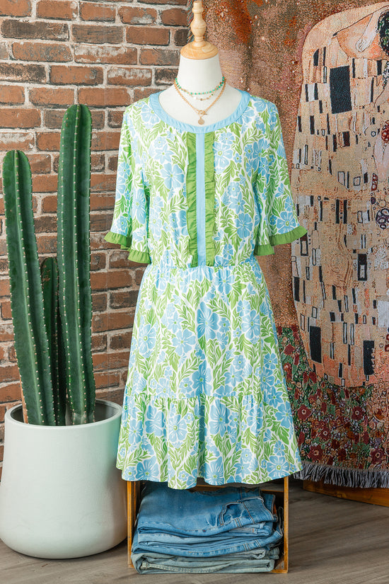 Sky Blue Floral High Waist Ruffle Short Sleeve Mini Dress Women UK