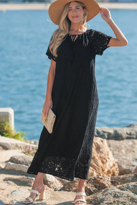Black lace maxi dress women | overlay sundress