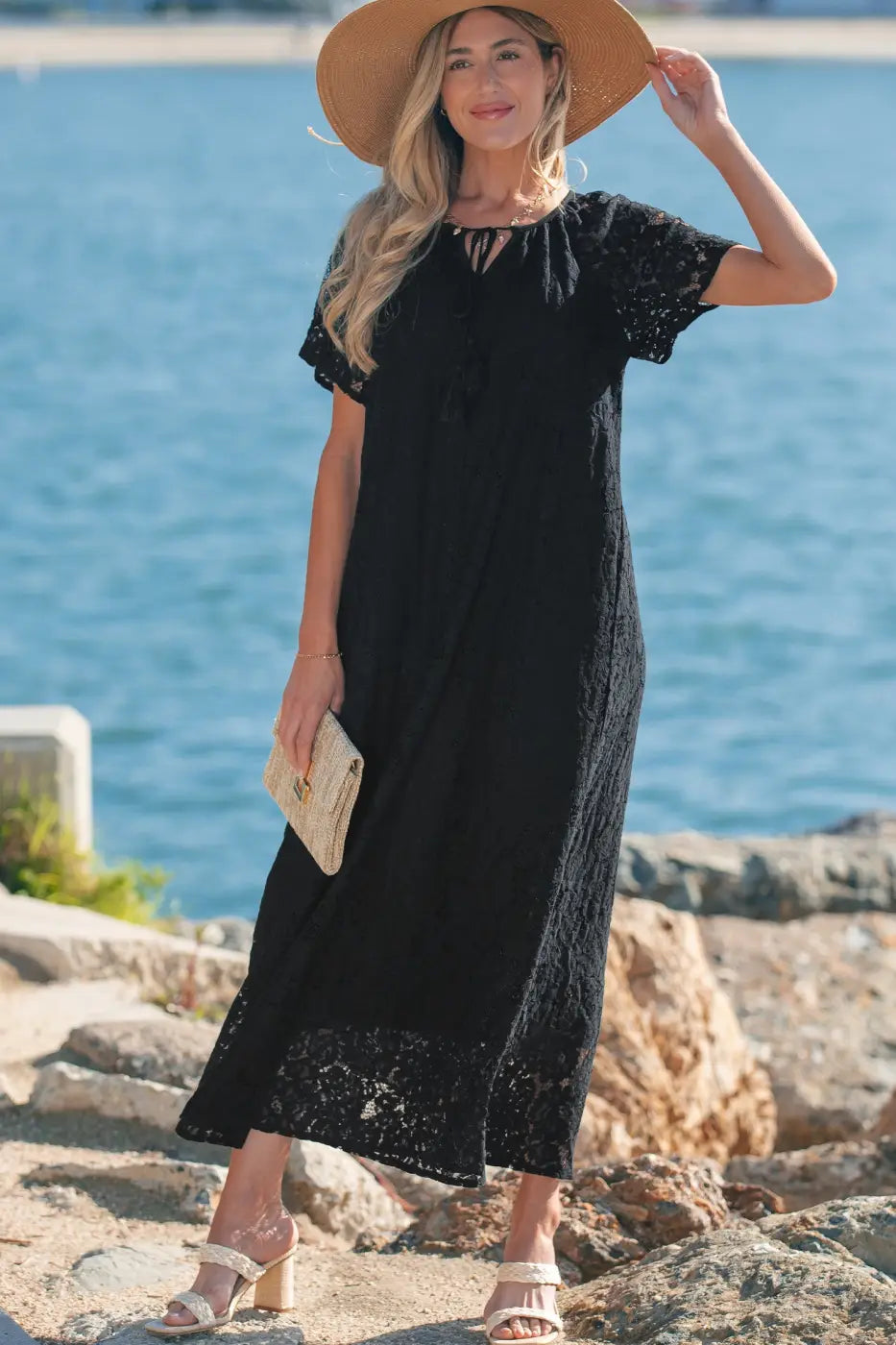 Black lace maxi dress women | overlay sundress