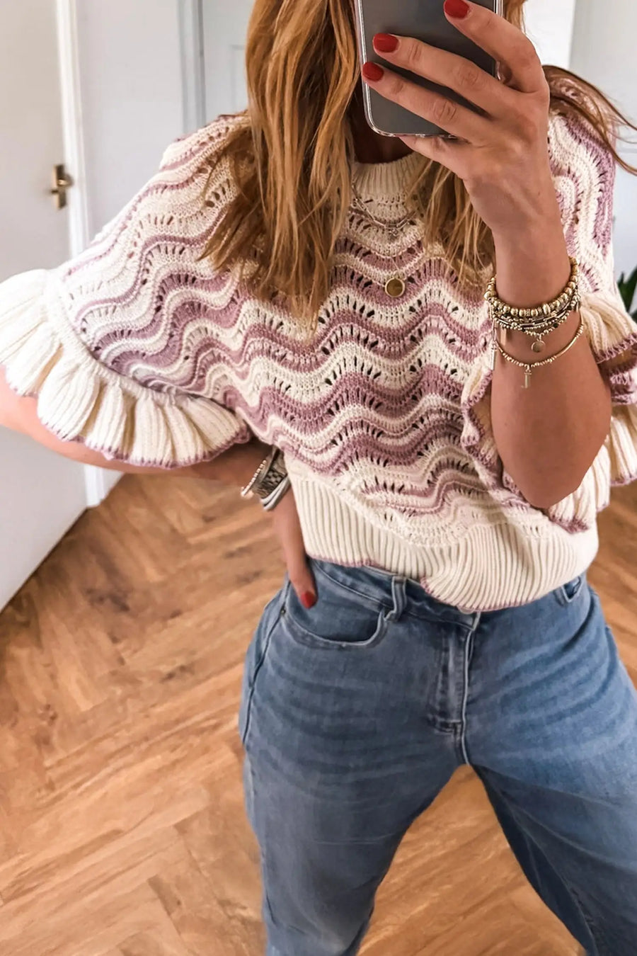 Wavy stripe crochet eyelet ruffle half sleeve knit sweater relaxed fit sweaters