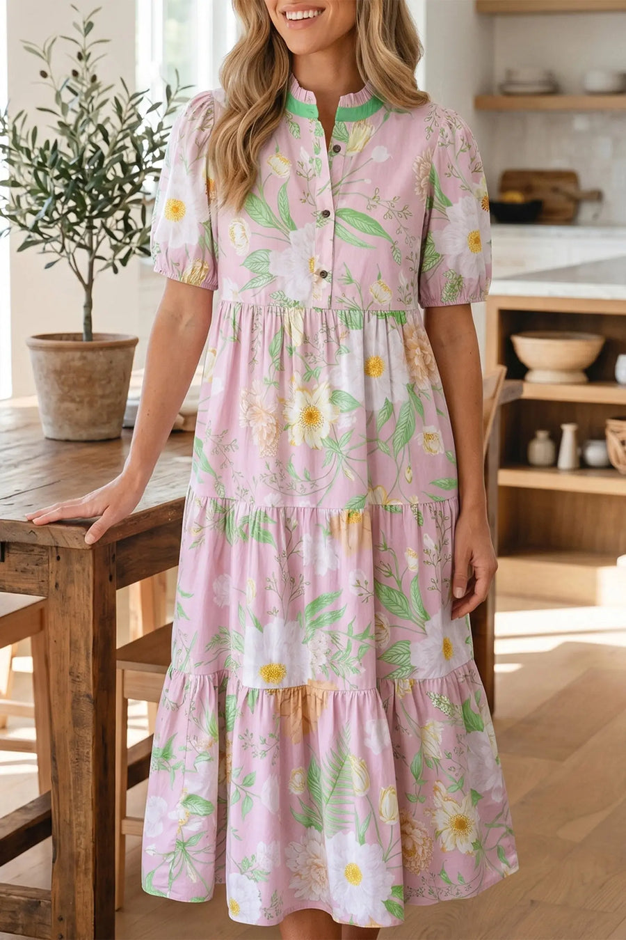 Pink Floral Puff Sleeve High Waist Tiered Maxi Dress Women UK