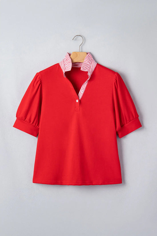 Striped frilled collar puff sleeve button front cotton blouse blouses