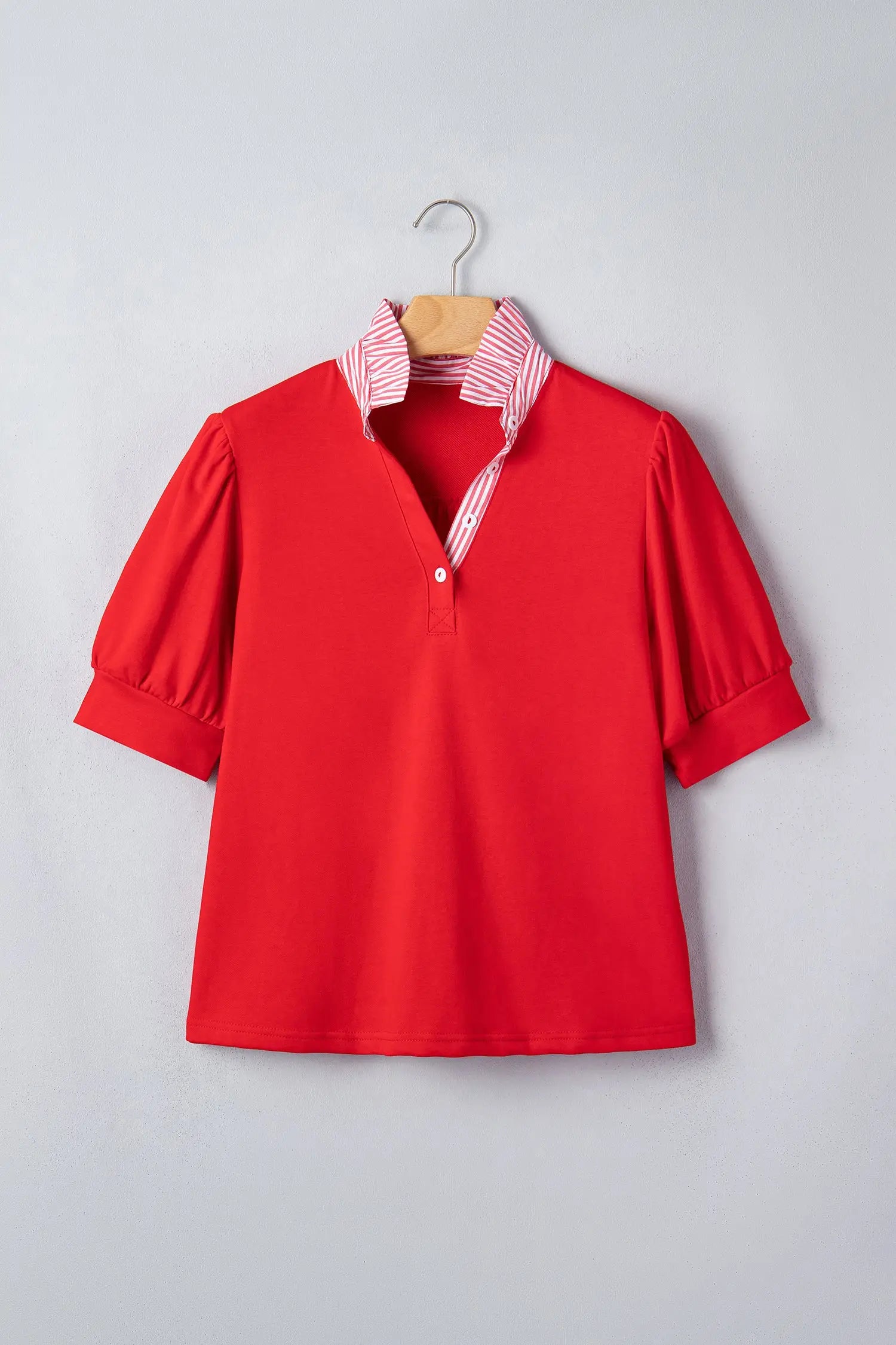 Striped frilled collar puff sleeve button front cotton blouse blouses