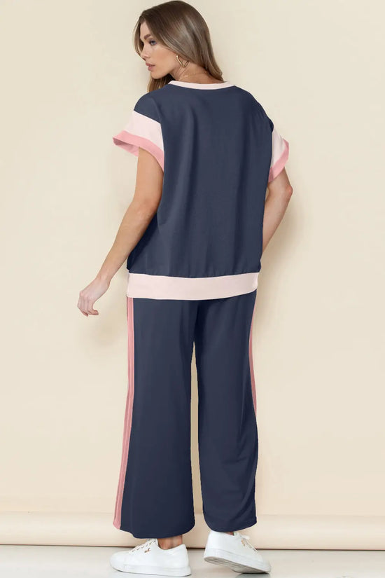 Colour block two piece set cap sleeve wide leg pants women uk