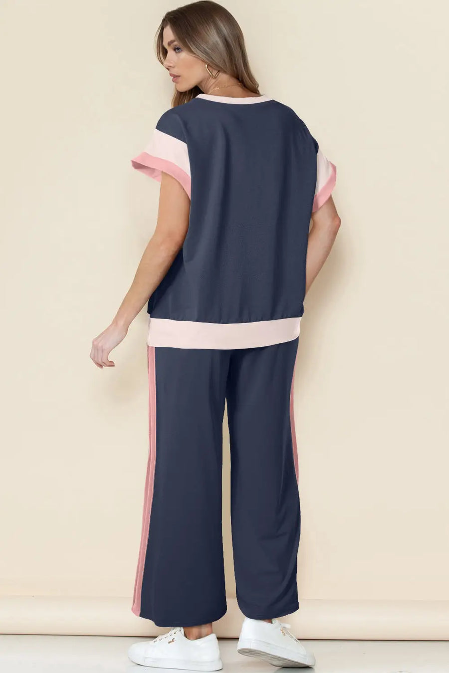Colour block two piece set cap sleeve wide leg pants women uk