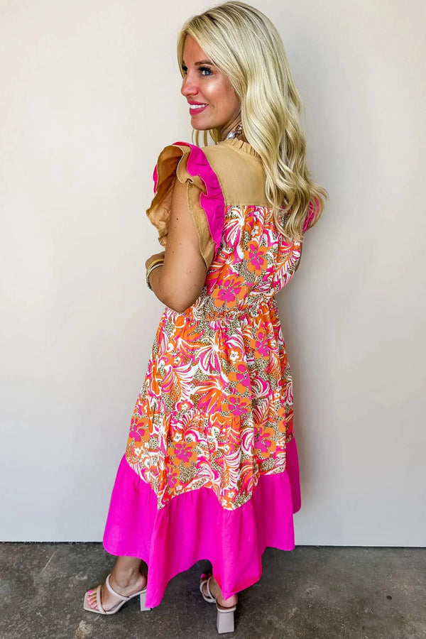 Rose Floral Color Block Ruffled Short Sleeve Midi Dress Women UK — back view