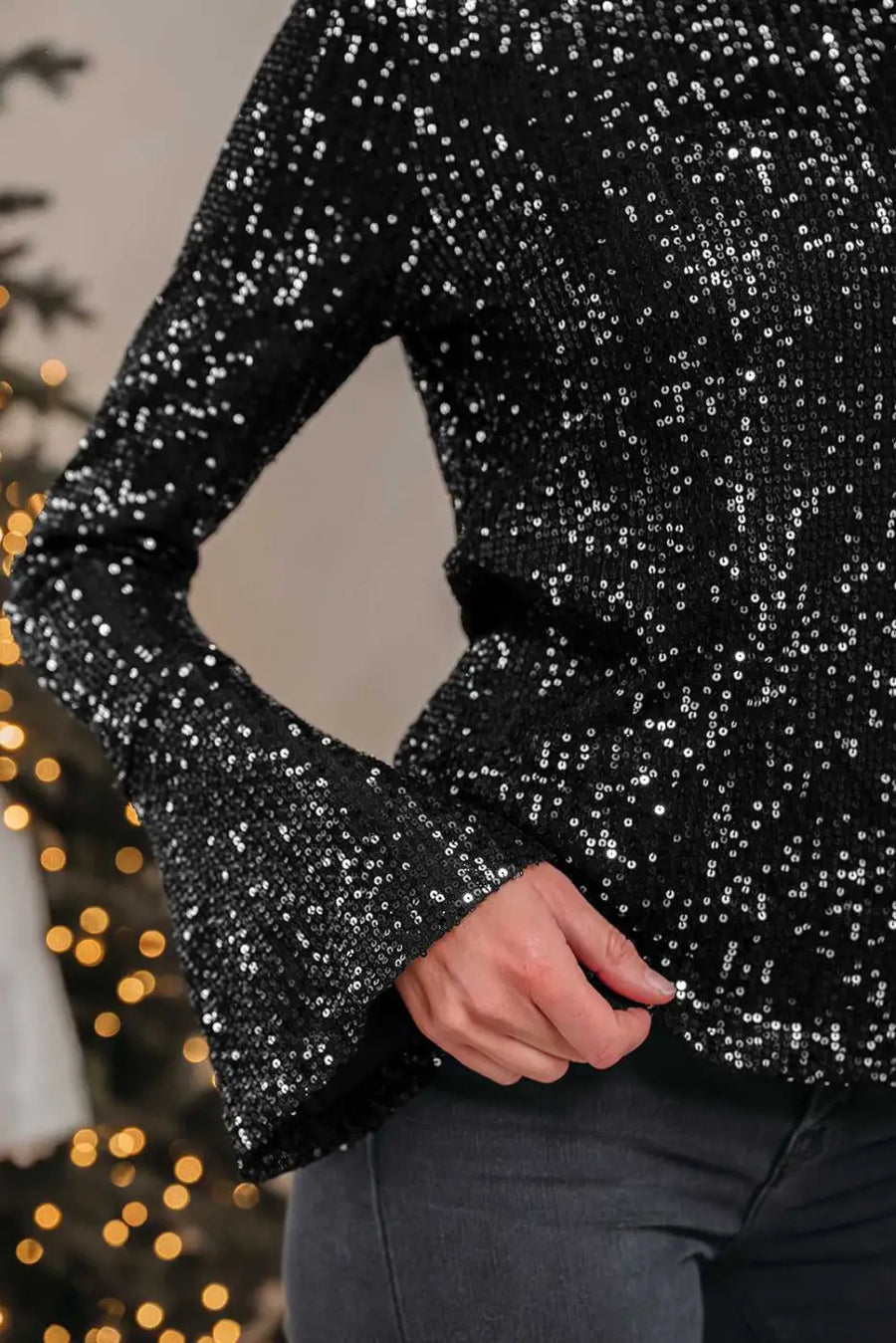 Open back sequin party top – bell sleeves blouses